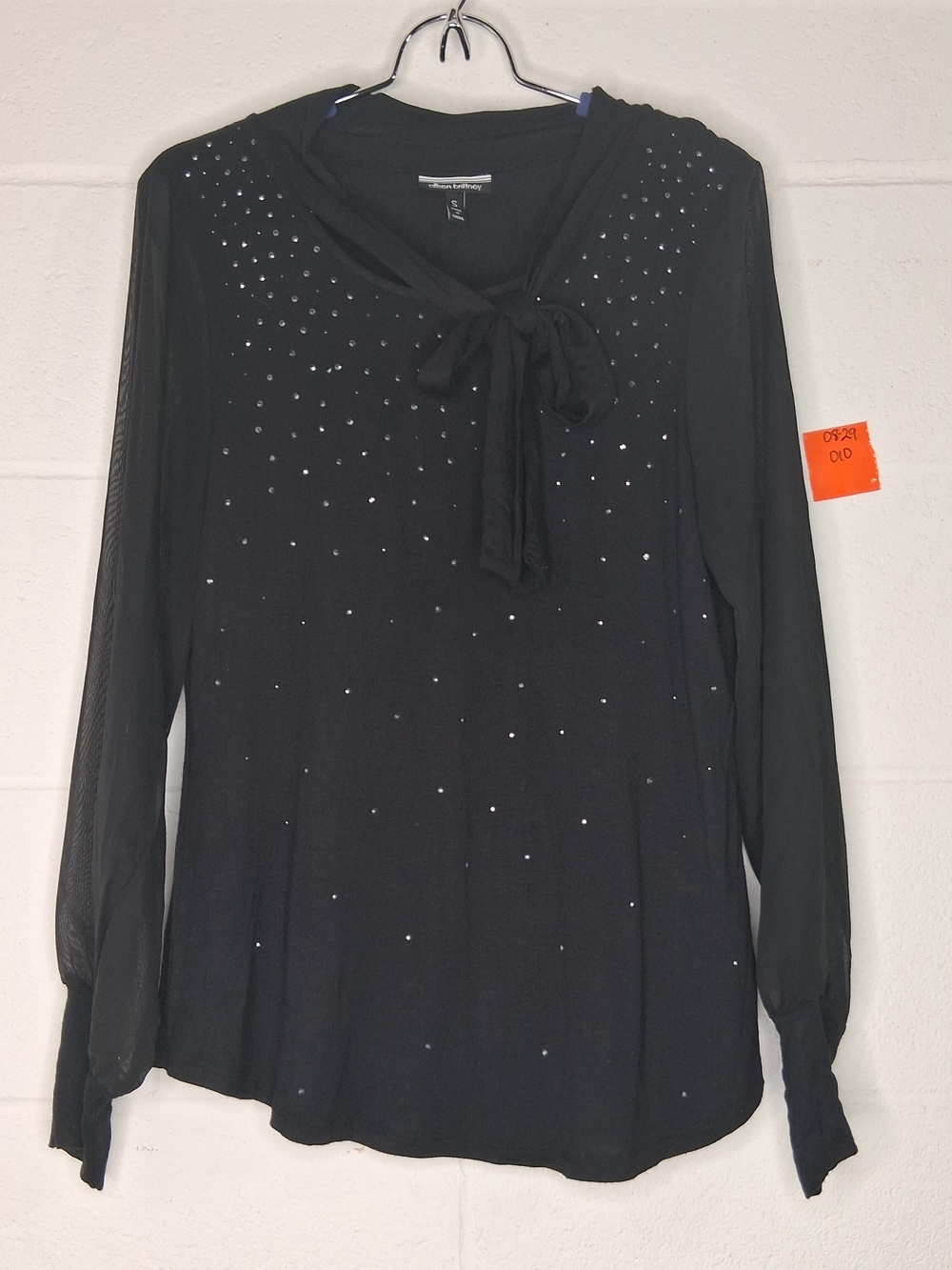 Allison Brittney Black Tie-Neck Blouse with Rhinestone Detail